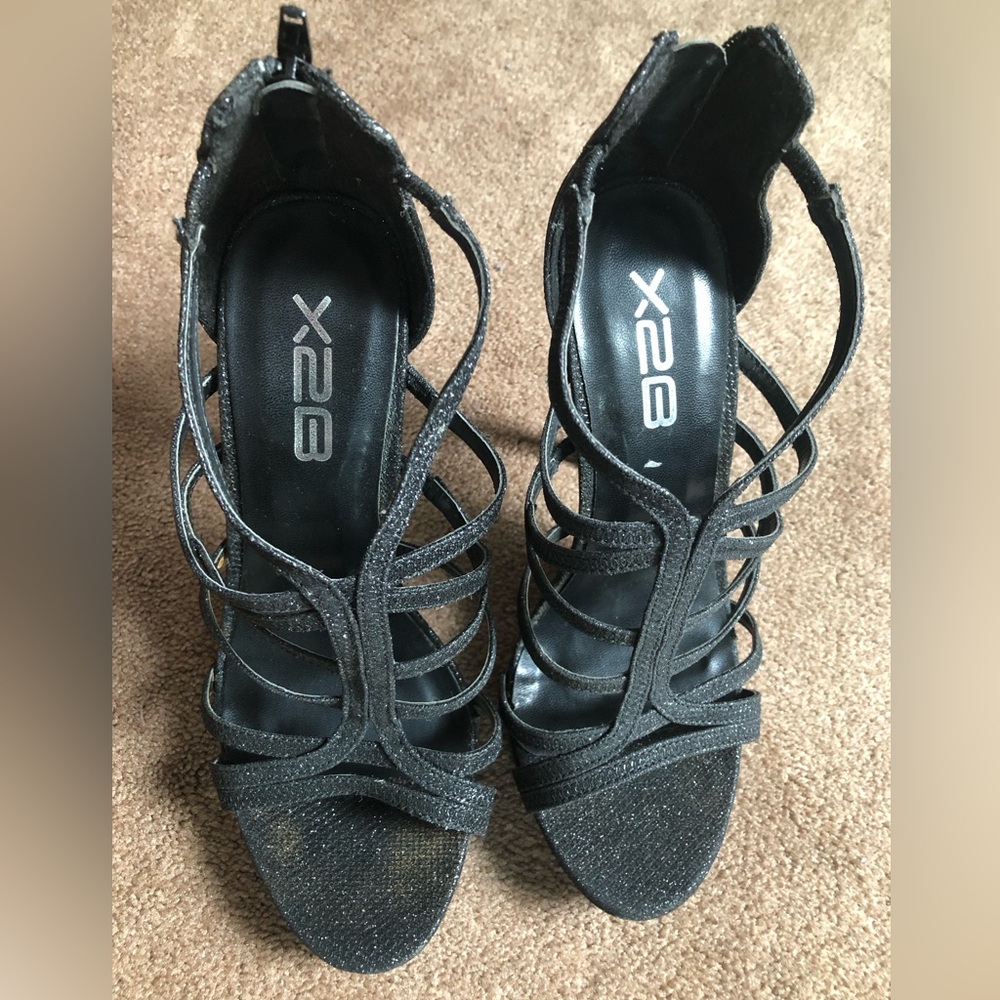 X2B Black Glitter Strappy High Heels